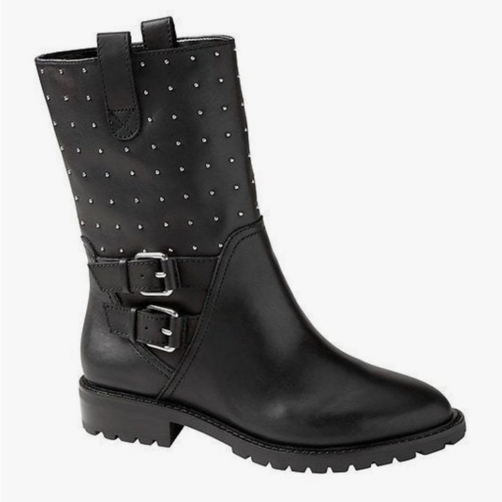 Banana Republic Studded Black Leather Moto Boots, Size 7.5